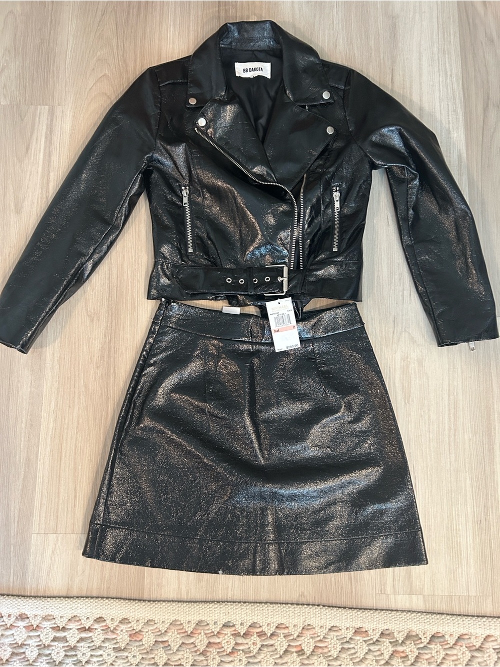 BB Dakota Black Shiny Faux Leather Belted Moto Jacket